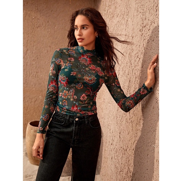Green Multicolor Floral Print Mesh Sheer Shirt Top Long Sleeve - Picture 7 of 10
